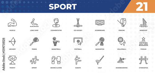 outline icons set - sport concept. muscle, long jump and more.