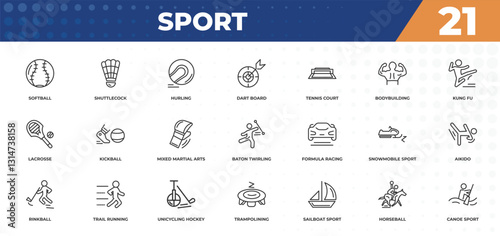 outline icons set - sport concept. softball, shuttlecock and more.