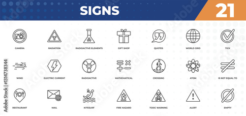 outline icons set - signs concept. camera, radiation and more.