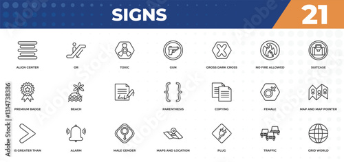 outline icons set - signs concept. align center, or and more.
