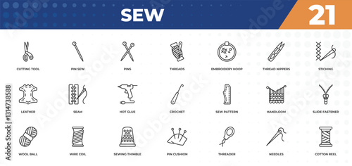 outline icons set - sew concept. cutting tool, pin sew and more.