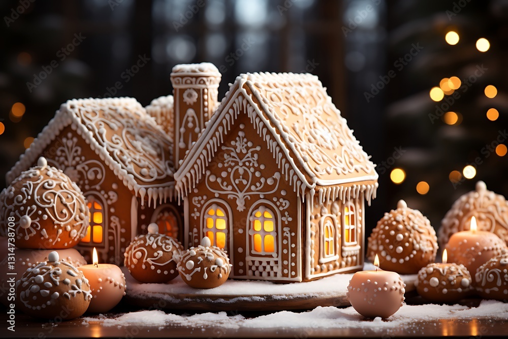 there is a gingerbread house with candles and decorations on the table there is a gingerbread house with candles and decorations on the table