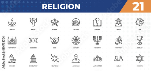 outline icons set - religion concept. diwali, angel and more.