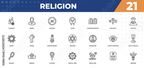 outline icons set - religion concept. candles, priest and more.