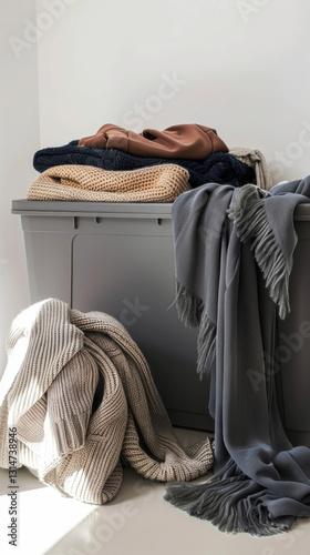 Woman relaxing on a bed with a pile of luggage and suitcase nearby in a cozy home setting photo