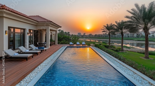 Luxury villa poolside sunset view