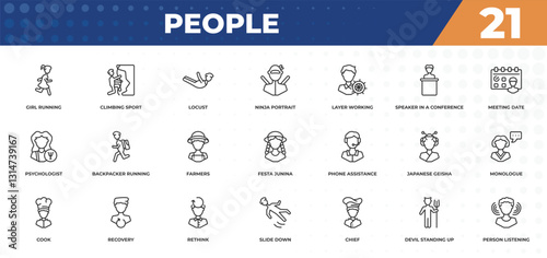 outline icons set - people concept. girl running, climbing sport and more.