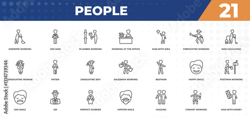 outline icons set - people concept. sweeper working, ceo man and more.