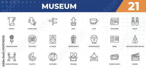 outline icons set - museum concept. poetry, audio guide and more.