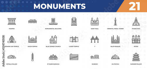 outline icons set - monuments concept. pompeii, and more.