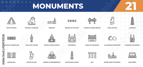 outline icons set - monuments concept. maya pyramid, imperial guardian lion and more.