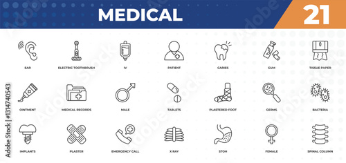 outline icons set - medical concept. ear, electric toothbrush and more.