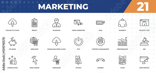 outline icons set - marketing concept. upload to cloud, result and more.