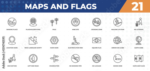 outline icons set - maps and flags concept. smoking place, placeholder point and more.