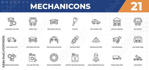 outline icons set - mechanicons concept. changing car tire, public bus and more.