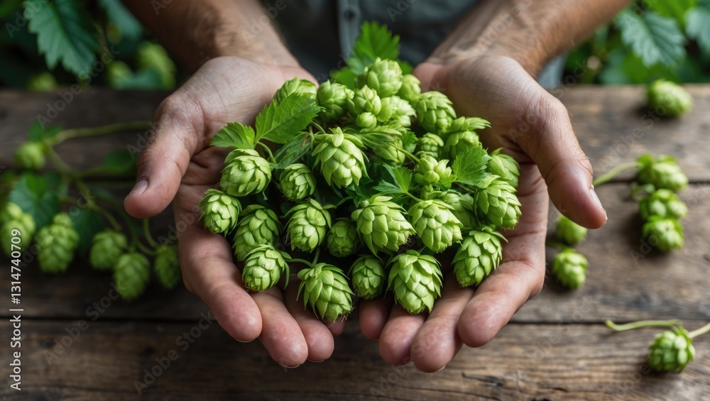 Hands of a man holding ripe green hop cones above a weathered wooden desk surface. Hands of a man holding ripe green hop cones above a weathered wooden desk surface.