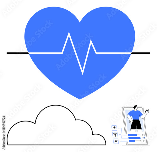 Heart with ECG line, cloud, and user analytics on a smartphone screen. Ideal for health, fitness, technology, cloud computing, wellness medical research digital transformation. Flat simple metaphor