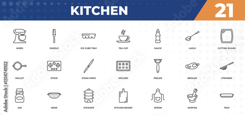 outline icons set - kitchen concept. mixer, paddle and more.