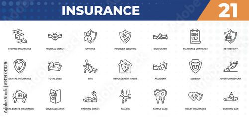 outline icons set - insurance concept. moving insurance, frontal crash and more.
