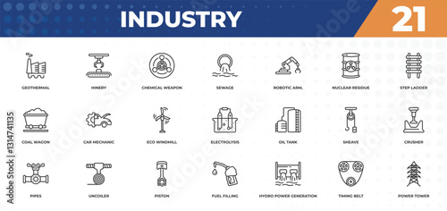 outline icons set - industry concept. geothermal, hinery and more.