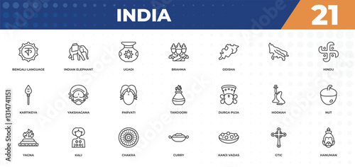 outline icons set - india concept. bengali language, indian elephant and more.