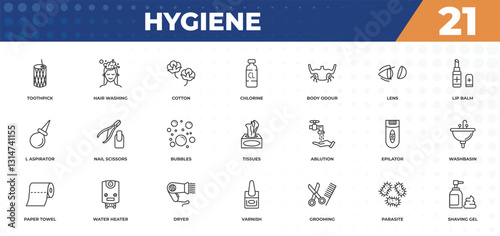 outline icons set - hygiene concept. toothpick, hair washing and more.