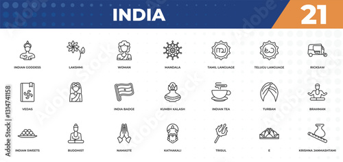 outline icons set - india concept. indian goddess, lakshmi and more.