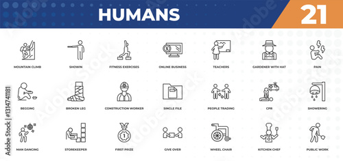 outline icons set - humans concept. mountain climb, showin and more.