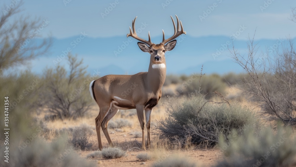 Fototapeta premium Majestic mule deer buck positioned among the thick desert brush.