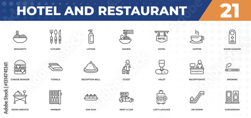outline icons set - hotel and restaurant concept. spaghetti, cutlery and more.