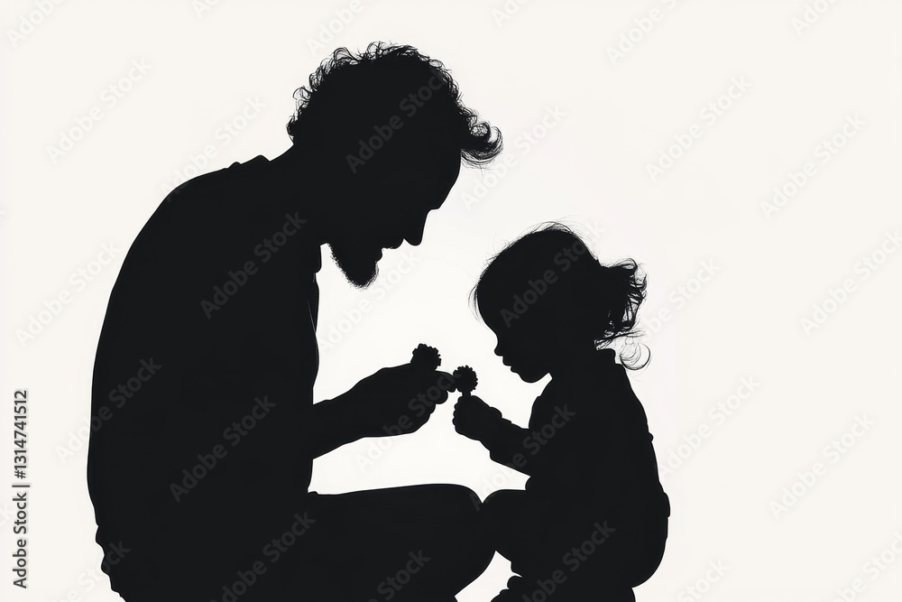 A simple silhouette of a father and baby sitting together, with the baby holding a small toy, against a plain white background A simple silhouette of a father and baby sitting together, with the baby holding a small toy, against a plain white background