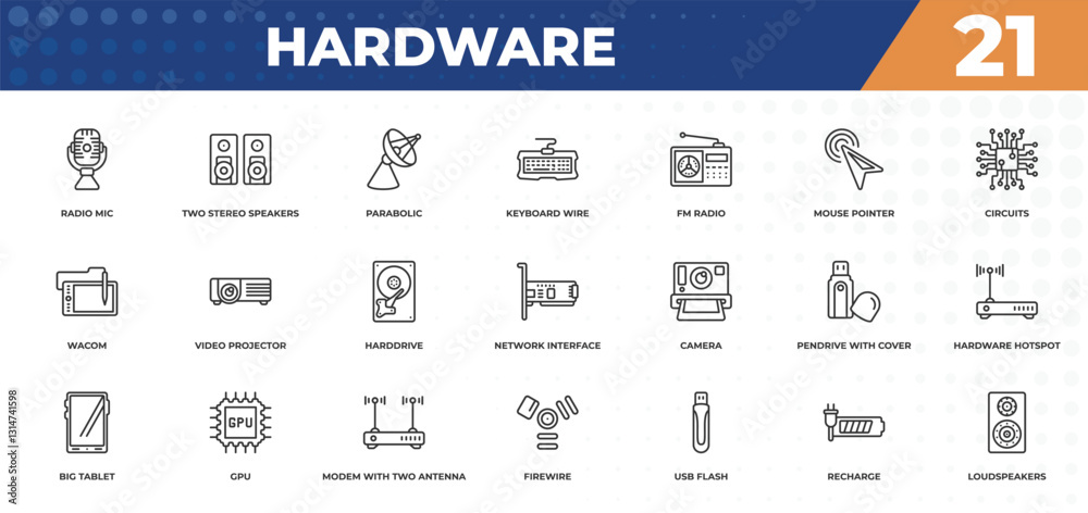 Obraz premium outline icons set - hardware concept. radio mic, two stereo speakers and more.