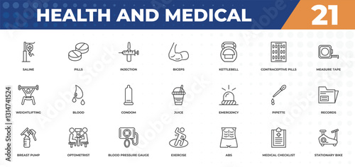 outline icons set - health and medical concept. saline, pills and more.