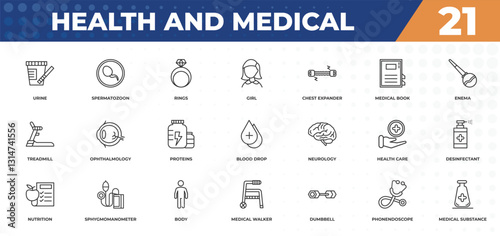 outline icons set - health and medical concept. urine, spermatozoon and more.