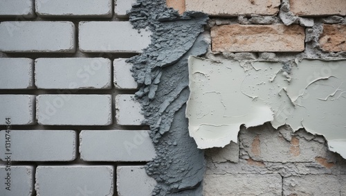 Cement mortar blended to unite building blocks and cover lightweight concrete wall surface. Plaster texture layer. Building construction. photo