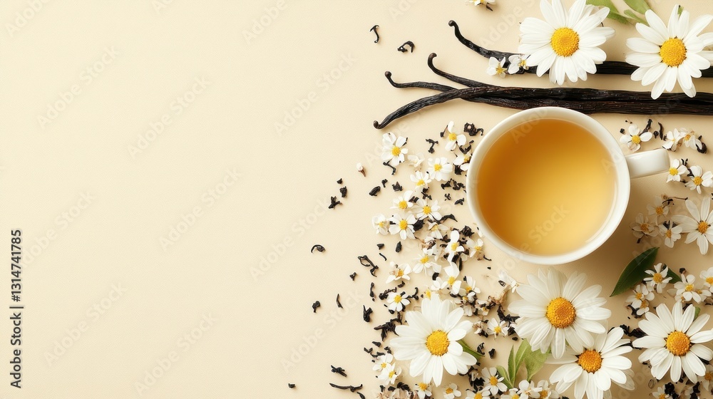 Overhead view of chamomile teacup, vanilla beans, and chamomile flowers on beige background. Overhead view of chamomile teacup, vanilla beans, and chamomile flowers on beige background.