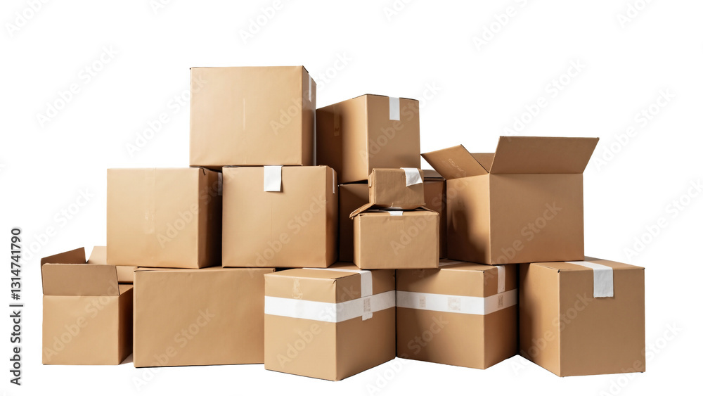 Collection of Cardboard Boxes Stacked in Irregular Formation, Isolated on Transparent Background for Shipping and Storage Use Collection of Cardboard Boxes Stacked in Irregular Formation, Isolated on Transparent Background for Shipping and Storage Use