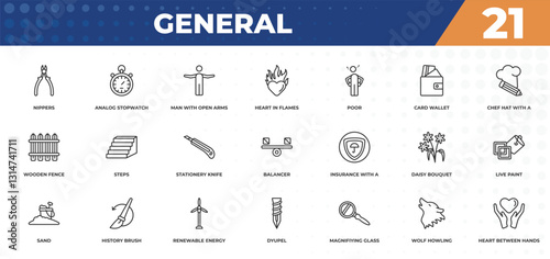 outline icons set - general concept. nippers, analog stopwatch and more.