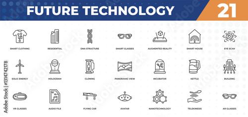 outline icons set - future technology concept. smart clothing, residential and more.