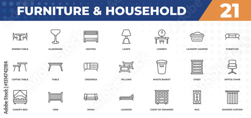 outline icons set - furniture & household concept. dinner table, glassware and more.
