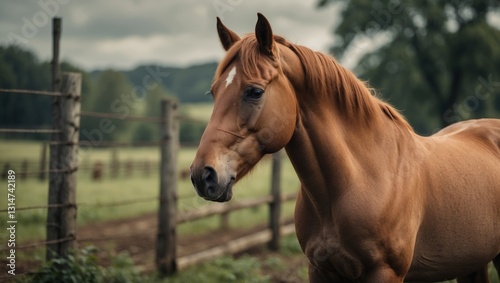 Light-brown horse in the pasture on a summer day.