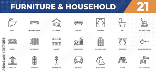 outline icons set - furniture & household concept. bidet, kitchen table and more.
