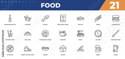 outline icons set - food concept. champagne bottle, calories and more.