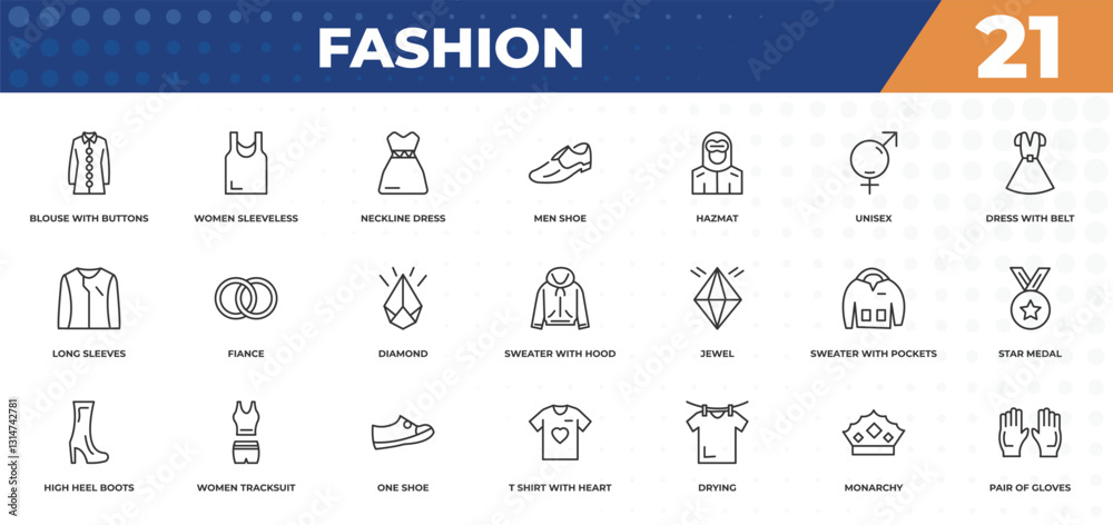 Fototapeta outline icons set - fashion concept. blouse with buttons, women sleeveless shirt and more.
