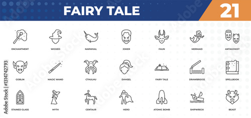 outline icons set - fairy tale concept. enchantment, wicked and more.