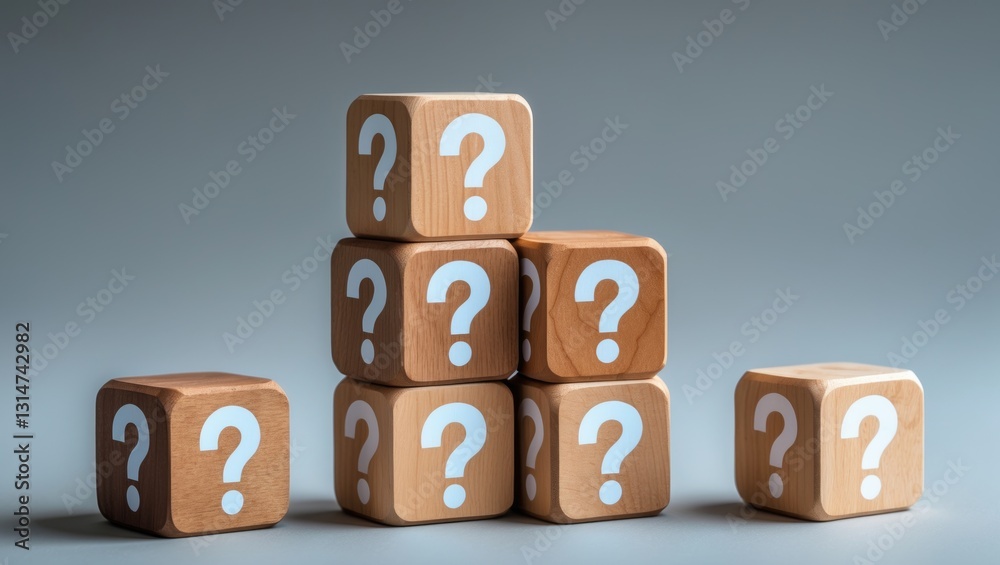Many wooden cubes with question marks, FAQs, marketing plan or educational concept. Many wooden cubes with question marks, FAQs, marketing plan or educational concept.