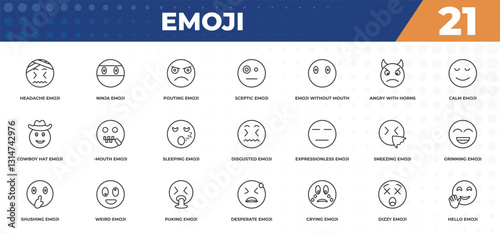 outline icons set - emoji concept. headache emoji, ninja emoji and more.