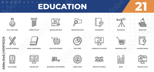 outline icons set - education concept. full test tube, greek pillar and more.