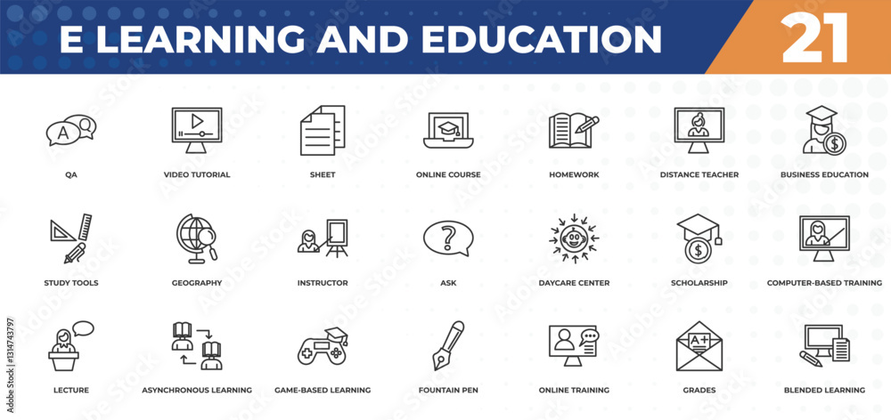 Fototapeta outline icons set - e learning and education concept. qa, video tutorial and more.