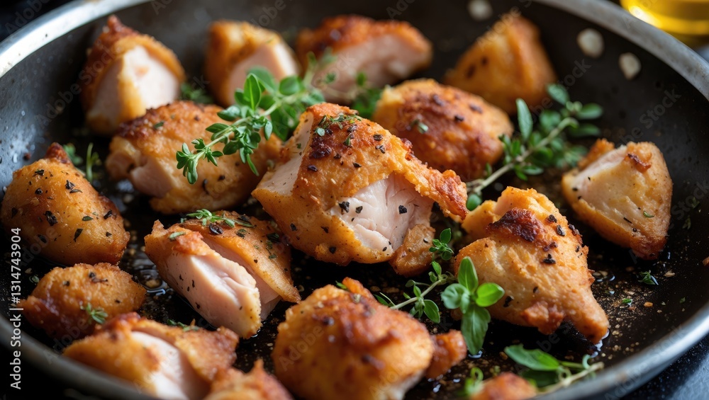 Fried turkey pieces in a pan progressing towards fricassee. Fried turkey pieces in a pan progressing towards fricassee.